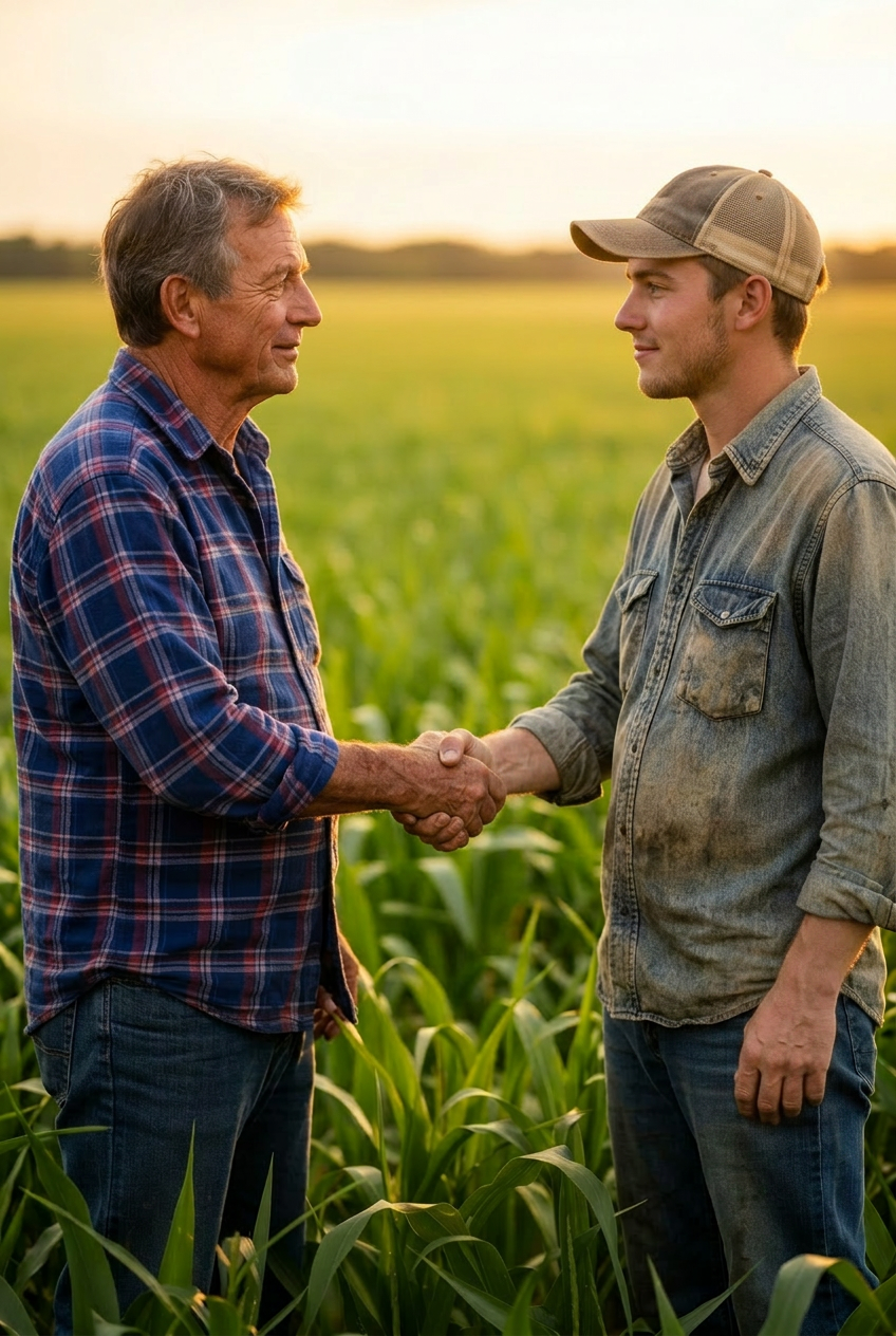 Two farmers in plaid and denim talking in a green field at golden hour